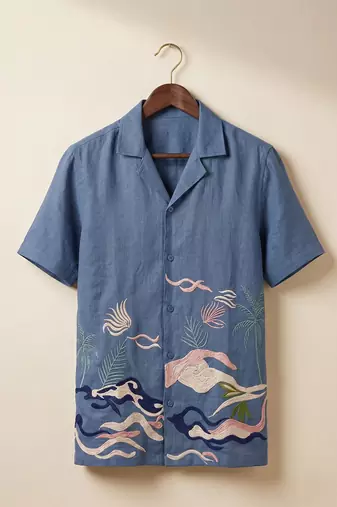 Indigo blue embroidered linen shirt