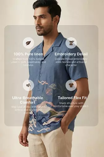 Indigo blue embroidered linen shirt