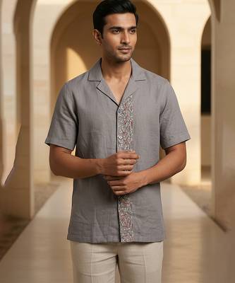 Slate grey embroidered linen shirt 1