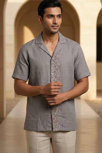 Slate grey embroidered linen shirt