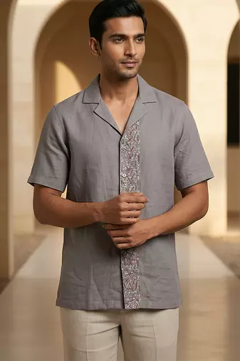 Slate grey embroidered linen shirt