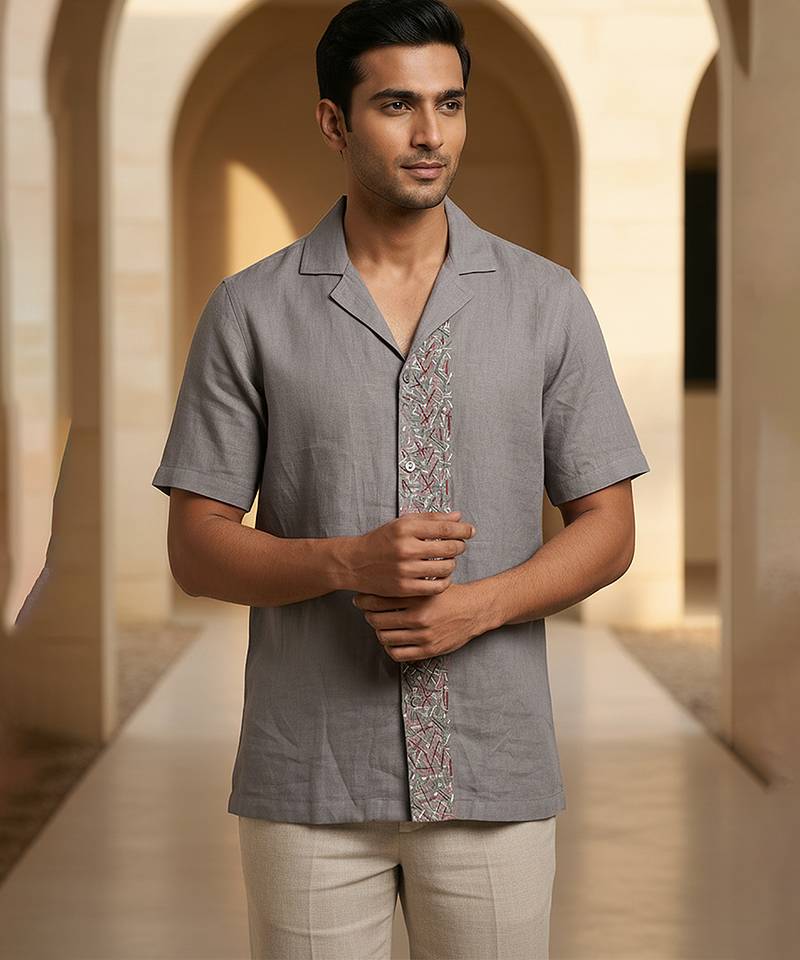 Slate grey embroidered linen shirt