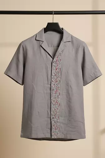 Slate grey embroidered linen shirt