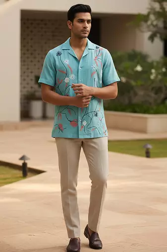 Aqua blue floral embroidered linen shirt