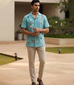 Aqua blue floral embroidered linen shirt