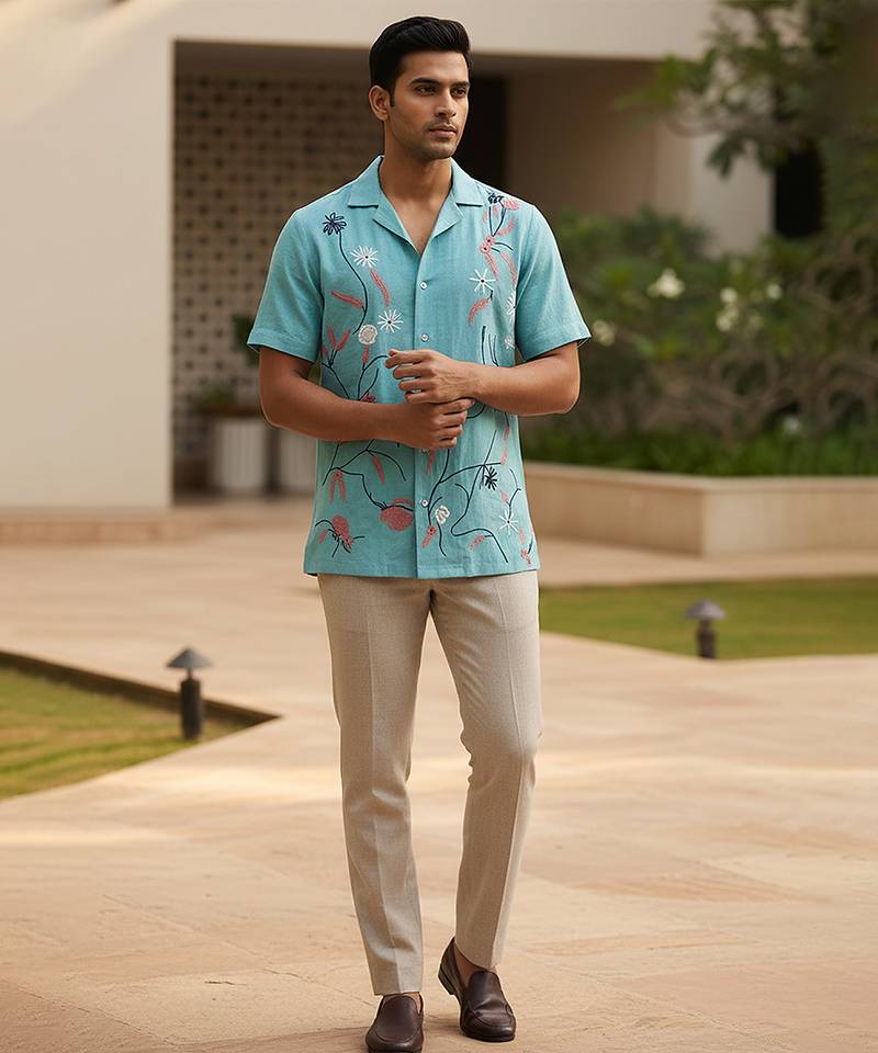 Aqua blue floral embroidered linen shirt