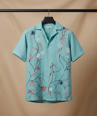 Aqua blue floral embroidered linen shirt 2