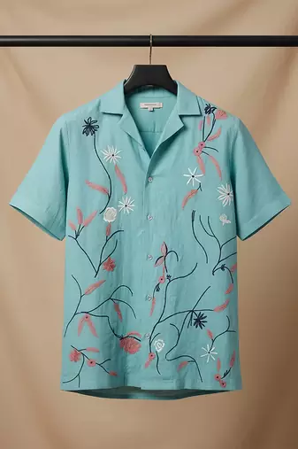 Aqua blue floral embroidered linen shirt