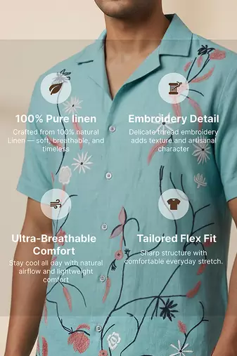 Aqua blue floral embroidered linen shirt