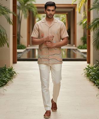 Beige thread embroidered linen shirt 1