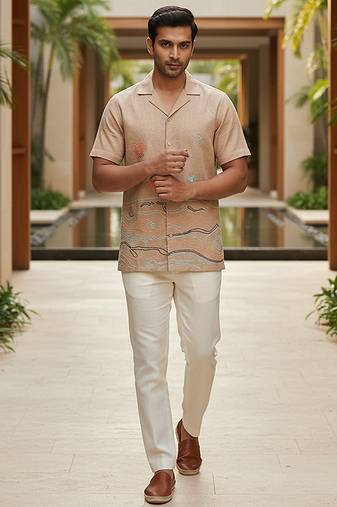 Beige thread embroidered linen shirt