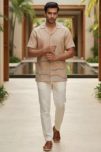 Beige thread embroidered linen shirt