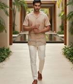 Beige thread embroidered linen shirt