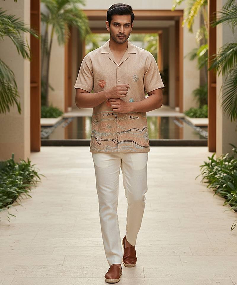 Beige thread embroidered linen shirt