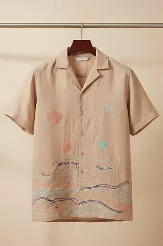 Beige thread embroidered linen shirt