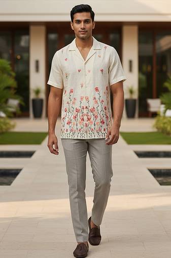 Cream white floral embroidered linen shirt