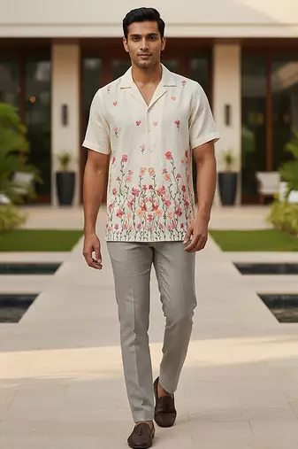 Cream white floral embroidered linen shirt