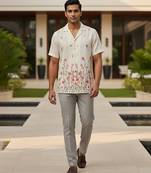 Cream white floral embroidered linen shirt