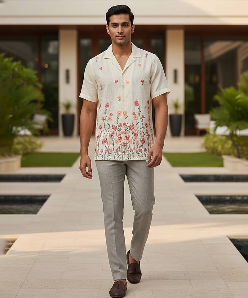 Cream white floral embroidered linen shirt