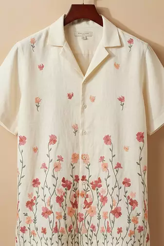 Cream white floral embroidered linen shirt