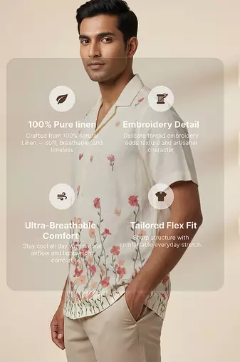 Cream white floral embroidered linen shirt