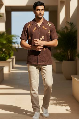 Coffee brown embroidered cotton shirt