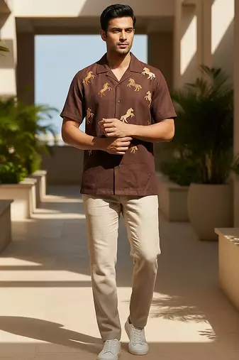 Coffee brown embroidered cotton shirt