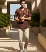Coffee brown embroidered cotton shirt