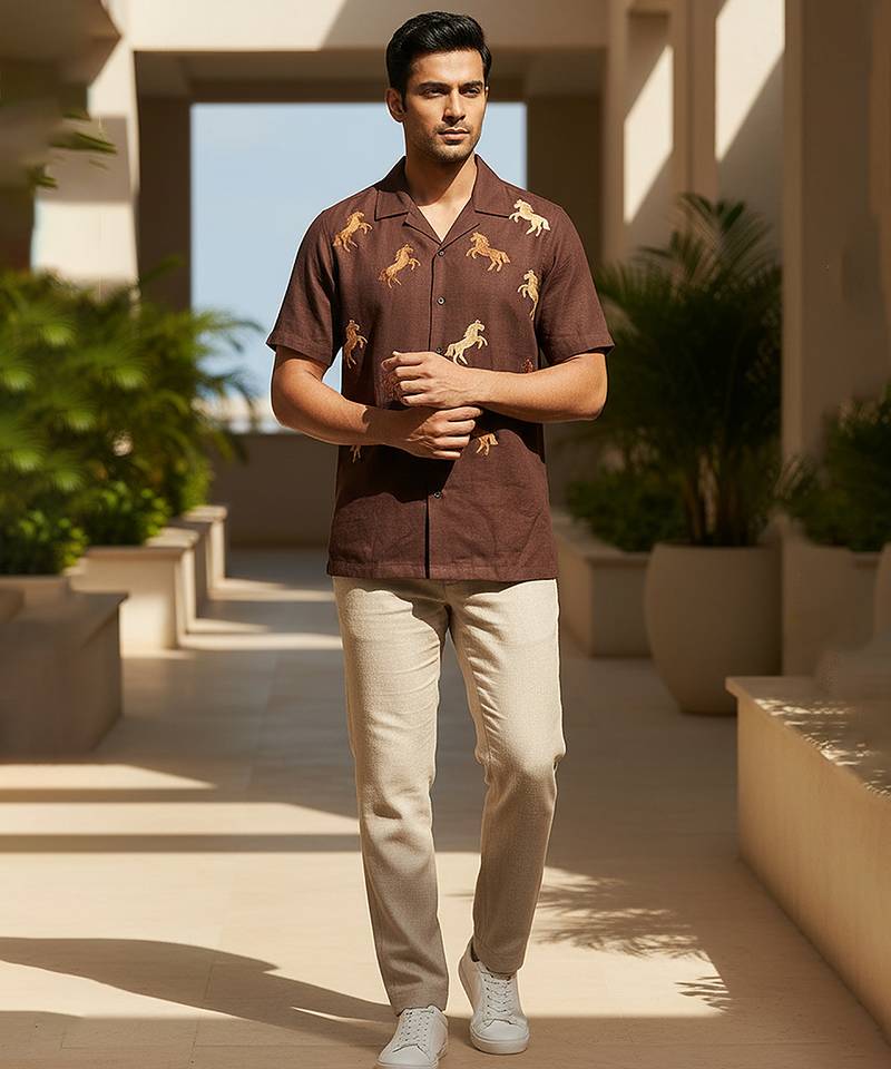 Coffee brown embroidered cotton shirt