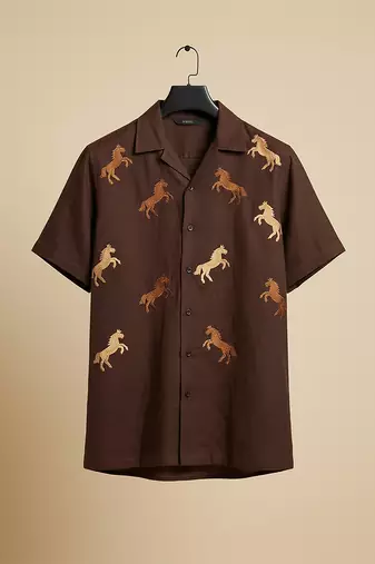 Coffee brown embroidered cotton shirt