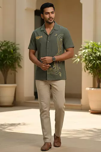 Olive green embroidered cotton shirt