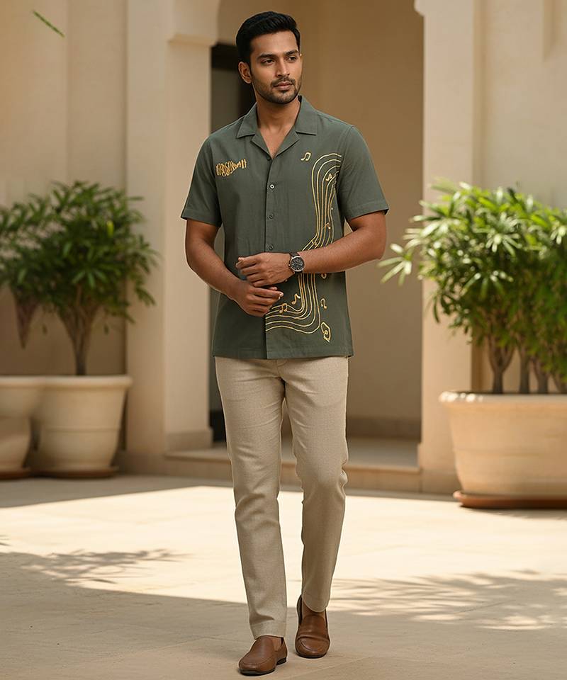 Olive green embroidered cotton shirt
