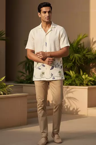 Cream white embroidered linen shirt