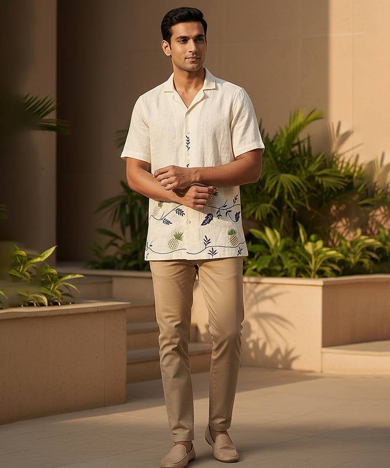 Cream white embroidered linen shirt