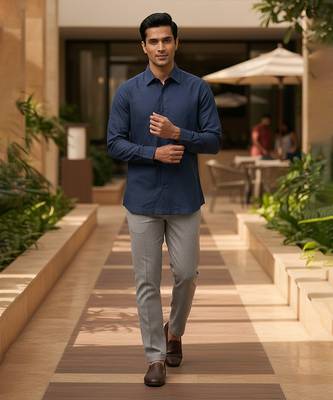 Navy blue solid cotton shirt 1