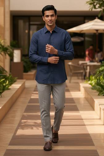 Navy blue solid cotton shirt