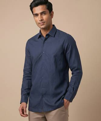 Navy blue solid cotton shirt 3