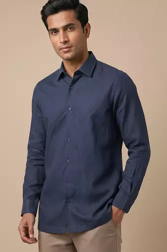 Navy blue solid cotton shirt