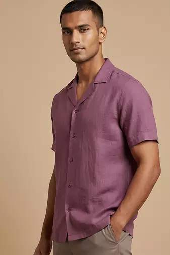 Mauve wine solid linen shirt
