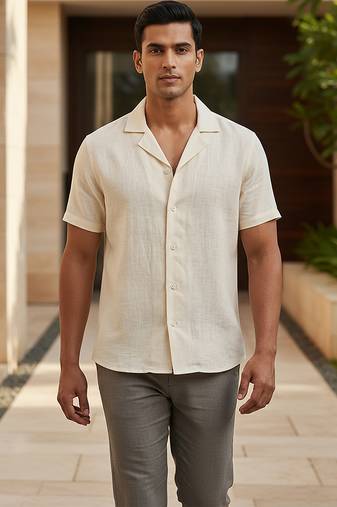 Cream ivory solid linen shirt