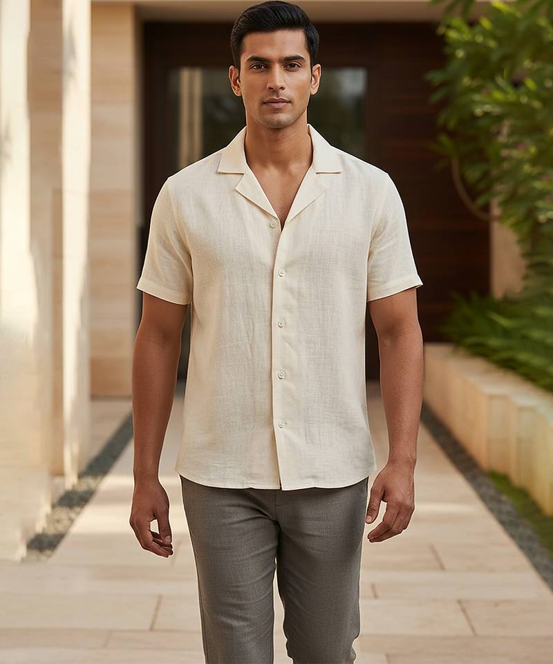 Cream ivory solid linen shirt