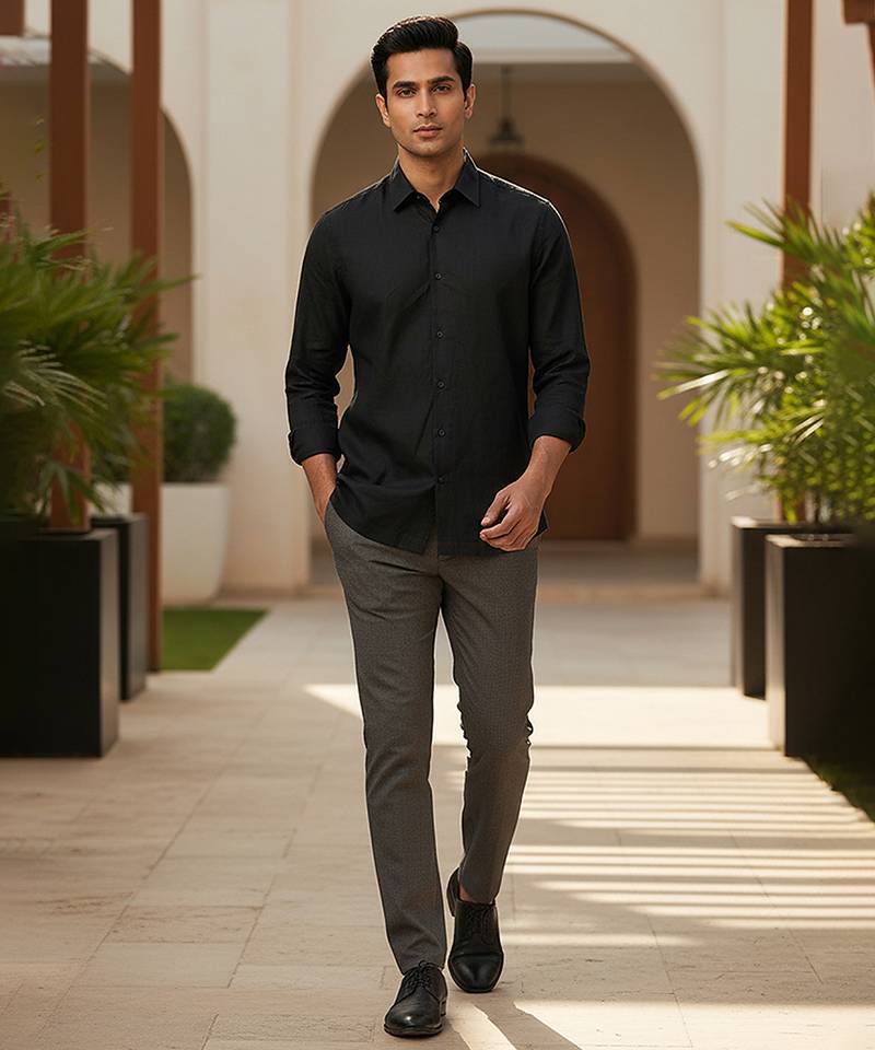 Jet black solid cotton shirt