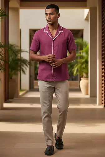 Burgundy solid linen shirt