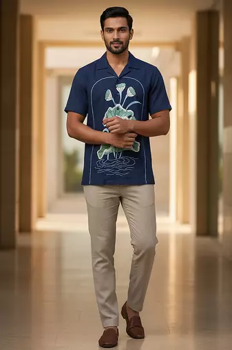 Navy blue embroidered cotton shirt