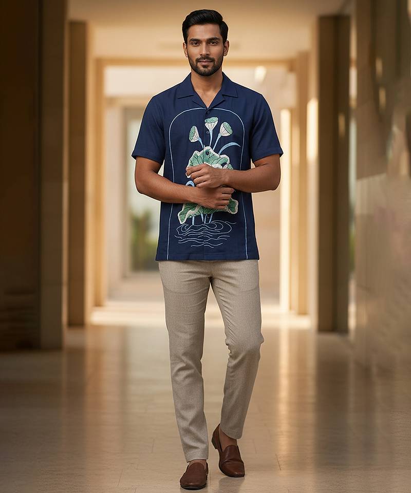 Navy blue embroidered cotton shirt