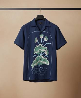 Navy blue embroidered cotton shirt 2