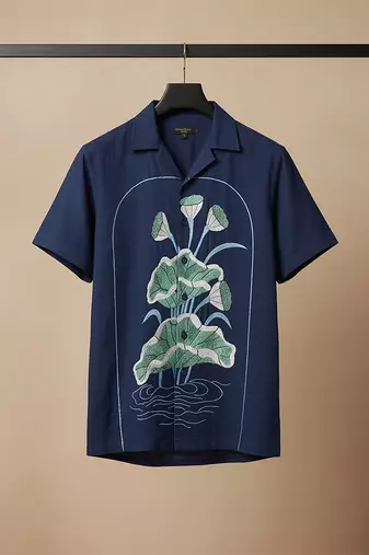 Navy blue embroidered cotton shirt