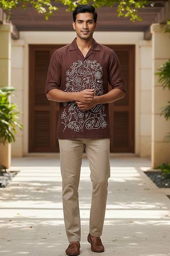 Brown embroidered cotton shirt