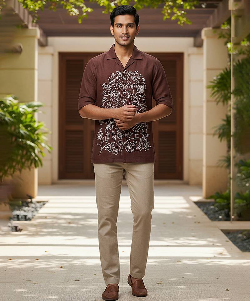 Brown embroidered cotton shirt