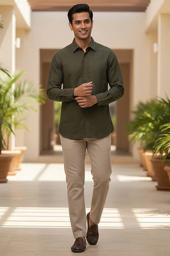 Olive green solid cotton shirt